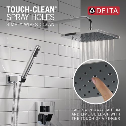 Image of Delta Modern 14 Series Square Rain Shower System Faucet Set, Rainfall Chrome Shower Head and Handle Set, Valve Trim Kit, 10 Inch, Chrome 342701
