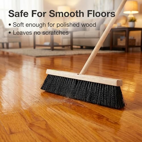Image of Black Indoor Push Broom Head - Heavy Duty Hardwood Block - Polypropylene Bristles - Deck Scrub Brush - Two Threaded Handle Holes for Better Assist (14 inch)