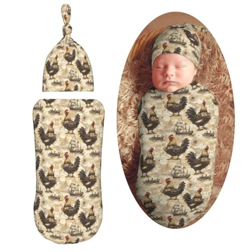 Image of Chickens in Pirate Attire Newborn Swaddle Blankets Hat Sets Soft Baby Receiving Blanket Swaddle Sack for Baby Shower Infant Boy Girl Gift