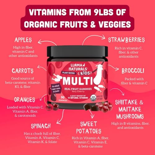 Image of Llama Naturals Kids Multivitamin Gummies | Real Fruit, No Added Sugar Cane | Organic Vegan Toddler Whole Food Vitamins | Vitamin D, C & Beta Carotene Gummy Supplement | Cherry 90 Ct (1-2 Months)