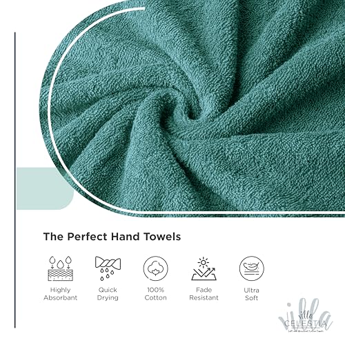 Image of Cotton Hand Towels Set of 2, 16 x 28, Oeko-TEX Certified, Quick Dry, Teal