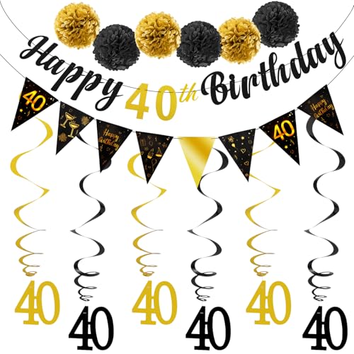 TOBATOBA 40th Birthday Decorations Kit for Men Women Black Gold Happy 40th Birthday Banner Triangle Flag Banner 40th Birthday Party Decorations 40 Year Old Birthday Party Supplies Pre-assembled
