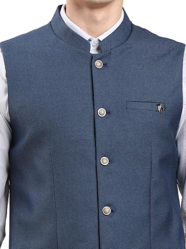 Image of Turtle Men Dobby Texture Tailored Fit Navy Blue Ethnic Waistcoat for Wedding, Reception & Traditional Events||Men's Waistcoat||Modi Jacket for Party, Festive & Formal Occasions