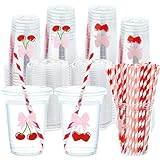 taupphoo 50 Pcs 16 oz Pink Bow Cherry Plastic Cups with Lids and Straws Bow Cherry Party Supplies Disposable Cups for Bridal Baby Shower Birthday Wedding Party Supplies