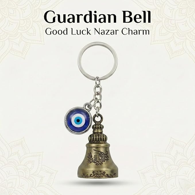 Image of Guardian Bell Keychain with Blue Evil Eye Nazar Charm, Tibetan Engraved Texture, Good Luck Protection for Bike and Car