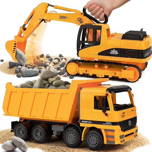 Toy To Enjoy Construction Toys - Excavator & Dump Truck Toy for Kids (Set of 2) – Moveable Claw & Lifting Back – Garbage Truck & Bulldozer Digger – Construction Vehicles for Boys & Kids