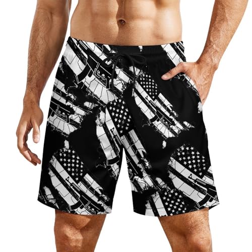 US Flag Map Guns Mens Swim Trunks with Quick-Drying Lining Beach Shorts for Outdoor Sports