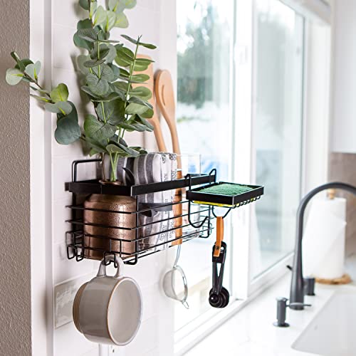 Shower Wall Caddy With Removable Soap Holder – Rustproof Black Metal Hanging Bathroom Shower Organizer Rack – 6 Sturdy Hooks For Storage – Adhesive Mounts & Mini Bubble Level For Easy Install #TOP5