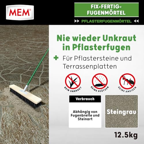MEM Fix-Fertig-Fugenmörtel, Witterungsbeständig, Anwendungsfertig, Gegen Unkrautbewuchs, Steingrau, 12,5 kg