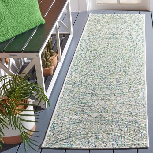 SAFAVIEH Washable Rug Outdoor Courtyard Collection - 2'3" x 12' Runner, Ivory & Green, Non-Shedding & Easy Cleaning, Ideal for Patio, Entryway, Mudroom, Hallway, Kitchen (CY8734-55712)