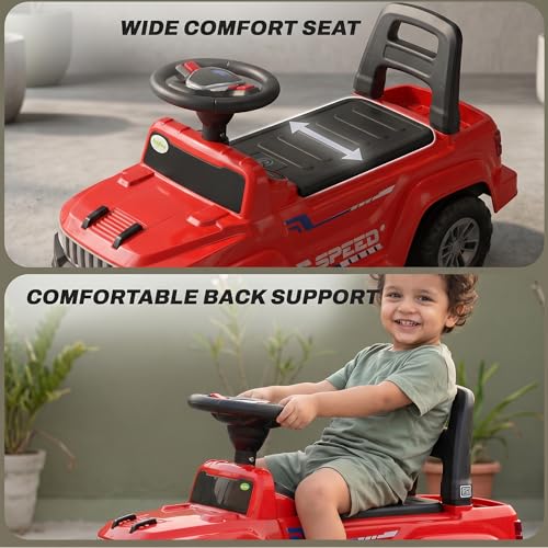 Image of Baybee Speedy Baby Ride on Car for Kids | Portable Kids Car with LED Lights, Music & Storage Basket | Push Toy Cars with High Backrest | Toddler Rideons Jeep for 1 to 3 Years Boys Girls (Red)