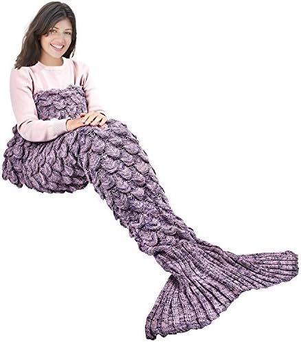 yashidali Wearable Mermaid Tail Blanket Crochet, All Seasons Warm Knitted Bed Blankets Sofa Living Room Quilt for Kids and Adults, Fish-Scales Pattern, 70.9" x 35.5" (180 x 90cm), Light Purple