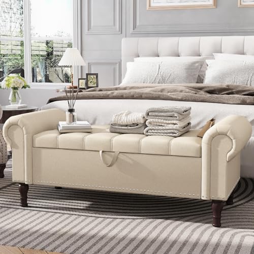 Apicizon 51” Bench with Storage, Faux Leather Ottoman Bench with Rolled Arm & Vintage Rivets, End of Bed Bench for Bedroom, Living Room, Entryway, Beige+Brown Legs