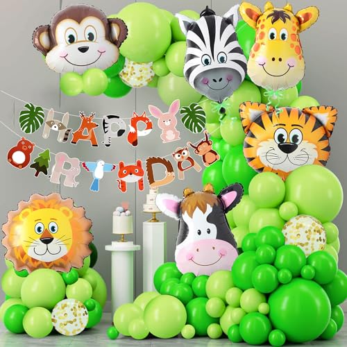 Image of Rozi Decoration Jungle Theme Birthday Decoration Kit Pack of 82 Pcs | Animal Theme Party Set with 6 Foil Balloons, Happy Birthday Banner, Garland Arch & Golden Confetti Balloons for Boys & Girls