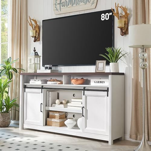 Image of Rustic Farmhouse TV Stand for 80 Inch TVs, Large Entertainment Center with Storage, TV Console for Bedroom Living Room, Media Console Cabinet with Sliding Barn Doors, 70 Inch Wide, White & Walnut