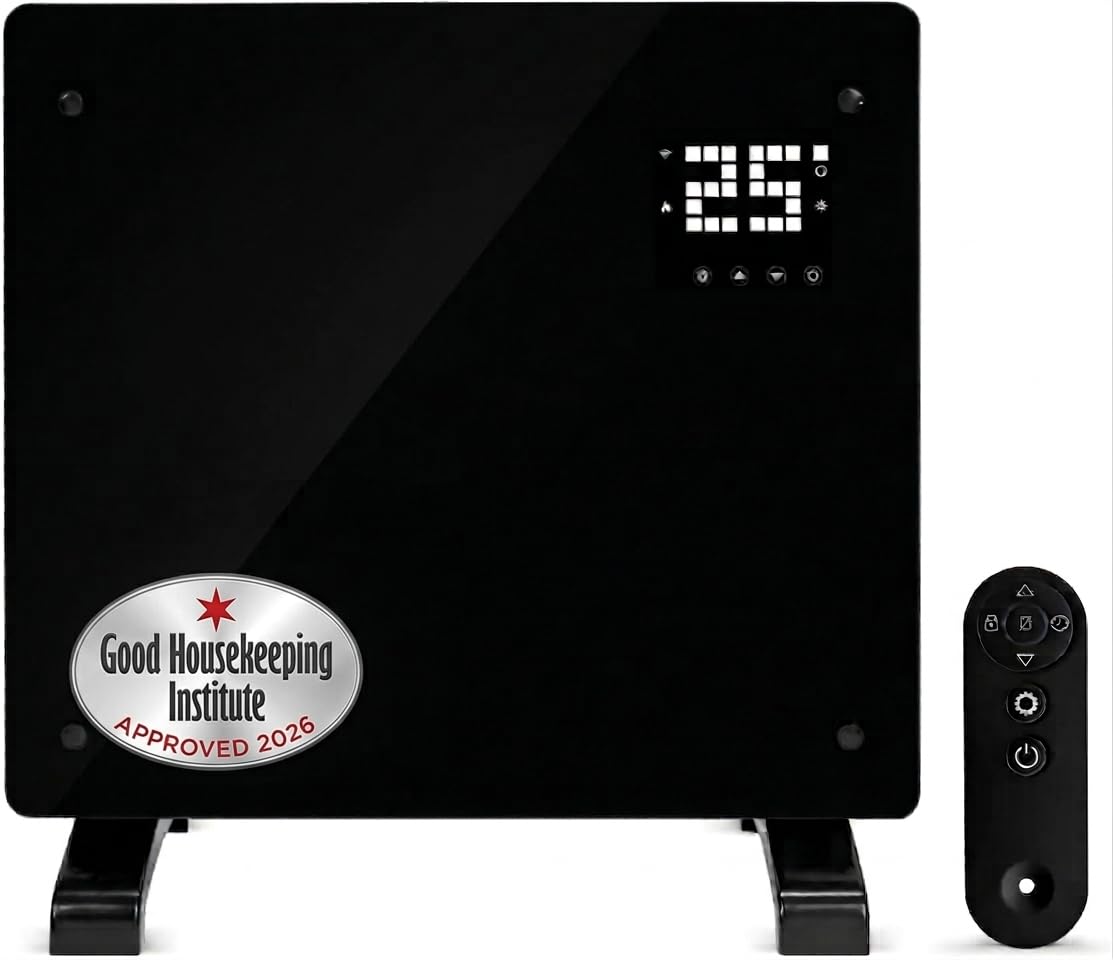 Devola Wifi Enabled Smart Electric Glass Panel Heater 1000W | Alexa Heating Control, Open Window Detection, Wall Mounted & Free Standing Low Energy Heaters with Timer | Lot 20, DVPW1000B (Black) โ image 1