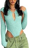 Women Fall Grunge Y2K Bodysuit Tops, Dark Academia Punk Hollow Ribbed Knit Long Sleeve Deep V Neck Korean Jumpsuits (L,Large) Blue