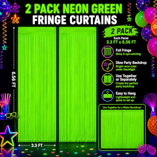 Image of 2 Pack Glow in The Dark Curtains Party Supplies 6.6 x 3.3 Ft Glow Tinsel Foil Fringe Curtains Photo Booth Prop Backdrop Streamer for Birthday Holiday Neon Party Decorations