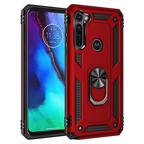 Lantier Heavy Duty Dual Layer Hybrid Shockproof Armor Defender Case with 360 Degree Metal Rotating Finger Ring Holder Kickstand Magnetic Car Mount for Motorola Moto G Stylus Red