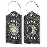 Boho Sun Face Phases 2 Pack PU Leahter Luggage Tag,Moon Stars Leather Suitcase Tags with Privacy Cover Name Address Labels and Metal Ring,Quickly Spot for Bags