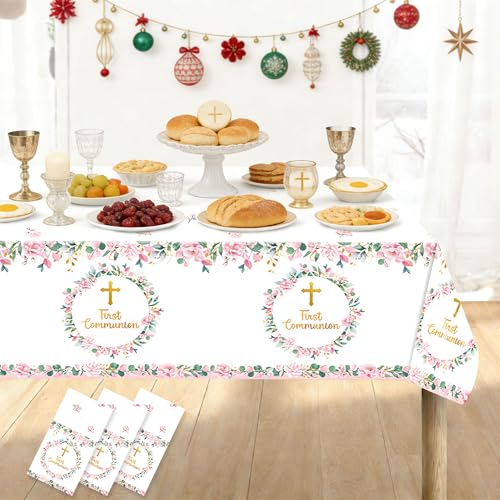First Communion Decorations Table Cloth - Primera Communion Plastic Disposable Pink Floral Eucalyptus Leaves Wreath Gold Cross Baptism Table Cover Girls Religious Party Supplies 54108 Inches(3 Pcs)