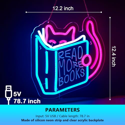 Image of Read More Books Neon Sign Read Books and Be Kind Neon Signs for Wall Decor Cute Animal Reading USB Dimmable LED Lights for Student Suitable for Classroom Bookstore Library Museum Study Room Gift for Teen Boys Girls Christmas