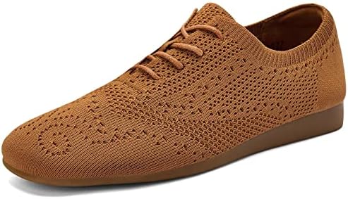 konhill Women's Lace-up Oxfords Flats Classic Knit Brogue Dress Walking Shoes Casual Sneakers 9 US Coffee