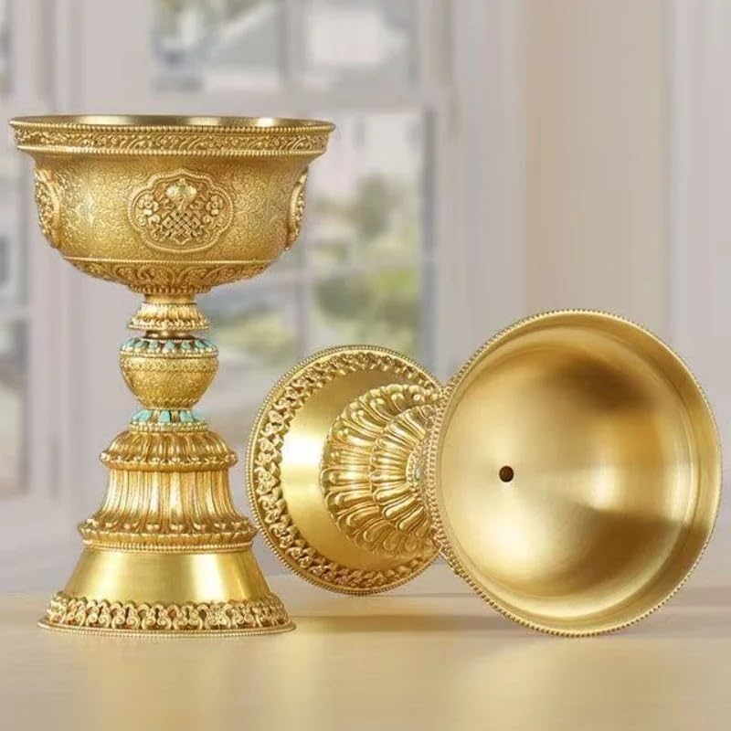 Exquisitely Carved and -Inlaid Copper Candle Cups, Butter Floating Sacred Candlesticks(S-15.6 CM)