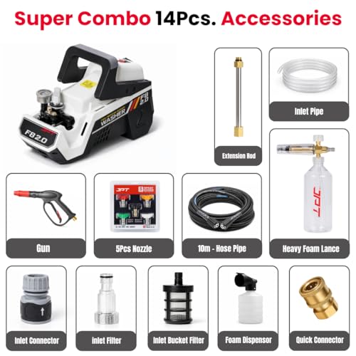 Image of JPT F8 2.0 Super Combo 2500W 250 Bar High Pressure Washer | 100% Copper Induction Motor with TSS | 10 L /min Flow | 14-Piece Car, Bike & Home Cleaning Kit