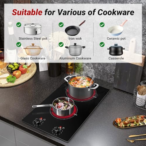 AMZCHEF 12Inch 2 Burner Electric Cooktop, 1800W/11Levels 2 Burners Stove Top With Knob Control Countertop & Built-in Radiant Electric Stove with Residual Heat Indicator