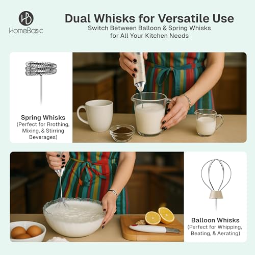 Image of HOMEBASIC Coffee Frother Electric Handheld, 3-Speed Milk Frother Rechargeable with Dual 304 SS Whisks, 8000 RPM Foam Maker for Latte, Cappuccino, Matcha, Eggs | Whisk Wave (Beige)