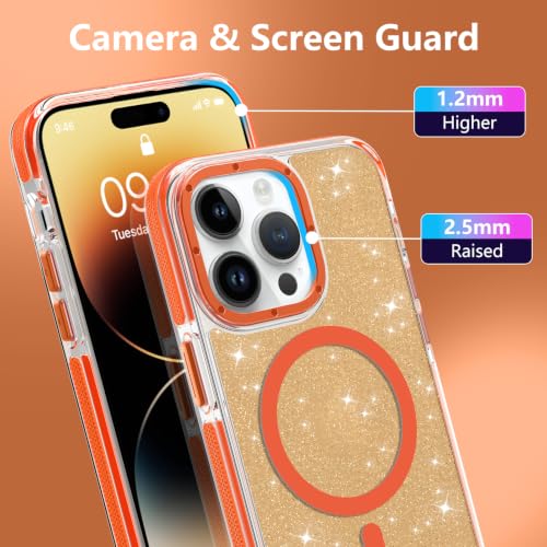 Image of Magnetic Case for iPhone 14 Pro Max [Compatible with Magsafe] [Bling Glitter Fluorescent Design] [1 Screen Protector] Slim Translucent Matte Case for iPhone 14 Pro Max 6.7 inch 2022, Orange