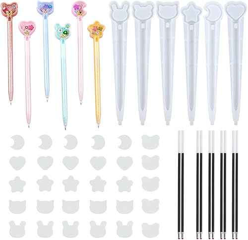 46 moldes de resina para bolígrafo, moldes de silicona para bolígrafo para moldes de resina epoxi, luna creciente, estrella, corazón, oso, gato,