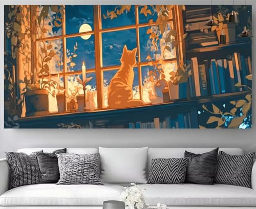 Peinture Diamant 5D Chat et Lune - Grand Tableau Strass pour Décorer le Salon 80x160cm