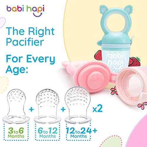 Babi Hapi® Fruit Feeder Dummy  2Pcs Baby Fruit Feeder with 6 Teats  Non-BPA Super Soft Silicone Teethers for Babies  Small, Medium and Large Pacifier Feeder  Easy to Clean