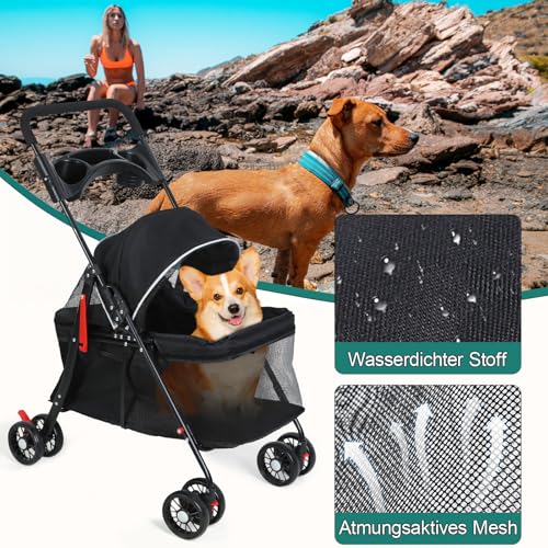 2-in-1 Hundebuggy bis 15 kg – Hundewagen & Katzenwagen klappbar mit Feststellbremse, Getränkehalter & Stauraum, Faltbarer Hunde Buggy für Reisen & Spaziergänge, 49.5×69.5×98 cm
