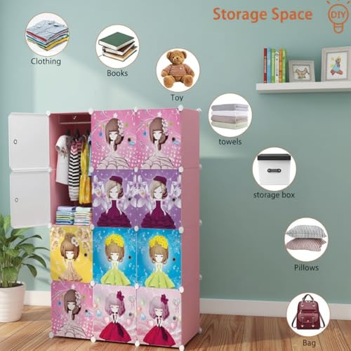 Image of KRISHYAM Kids Modular Storage Cabinet with Cartoon Princess Print Doors, 12 Cube Plastic Wardrobe Organizer, DIY Closet System with Hanging Rod, Toy & Clothes Storage (Barbie Print, 12 Box)