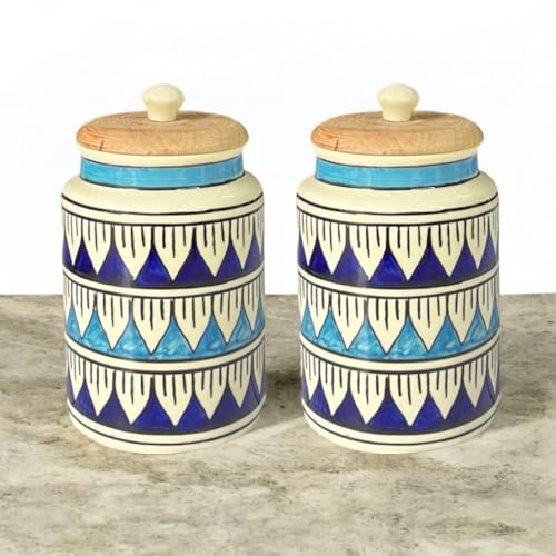 ClayStone Airtight Ceramic Jars (Pack of 2) - 900ml Each - Wooden Lid - Kitchen Containers for Sugar, Tea, Salt, Pickles, Pulses & More