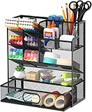 ReePlan Pen Organizer for Desk - Multi-Functional Pencil Holder with Drawer Desk Organizers, Large Capacity Storage for School Office Home Supplies (Black)