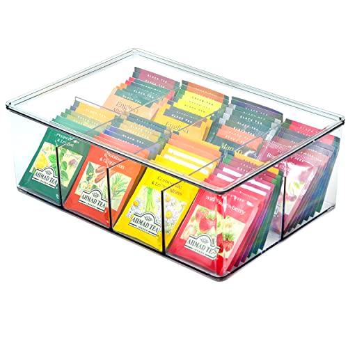 Youngever Hard Plastic Tea Bag Organiser with Lid, Tea Packet Holder, Re-usable Food Packet Storage Container Divided into 8 Compartments, Tea Bags Storage Bin