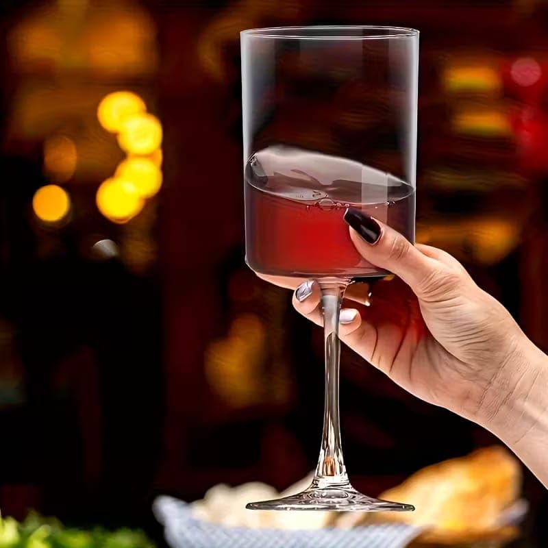 Image of PrimeWorld Modern Square Wine Glasses Set of 4 Pcs - 260 ml Crystal Stemmed Wine Glasses with Thin Laser-Cut Rim, Large Glasses for Red & White Wine, Dishwasher Safe