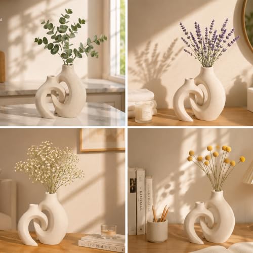 Image of Art Street Knot Norma Double Ceramic Vase |Modern Geometric Shapes |White Decorative Flower Pot for Home| Living Room, Bedroom, and Office Decor|Vase for New Year, Christmas Decor| Size (8x7 Inch)
