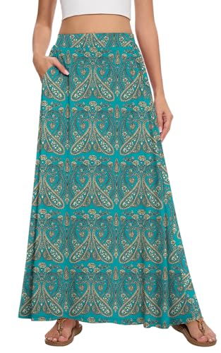Image of Womens Maxi A-line Long Skirt Casual 2026 Elastic High Waist Flowy Skirts with Pockets