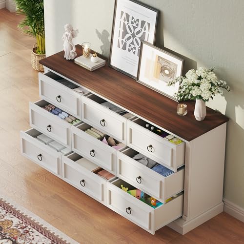 Image of HUAHUU Farmhouse 9 Drawer Dresser for Bedroom, 60 inch Wide Wood Dresser with Roman Column, Chest of Drawers with Antique Bronze Circle Handles, Storage Organizer for Living Room, Hallway, Entryway, White