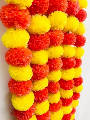 Image of Artificial Marigold Flower Garlands, (Pack of 20) 50 Inches Marigold Strings for Diwali, Pooja, Wedding, Festival, Housewarming, Mandir, Wall, Door, Home Decor - Yellow & Dark Orange