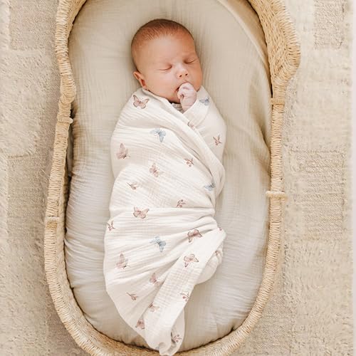 Image of Konssy Muslin Swaddle Blankets for Boys Girls, 2 Pack Receiving Baby Blanket Large 47 x 47 inches, Soft Breathable Swaddling Wrap for Unisex Newborn (Taupe,Butterfly Dreams)