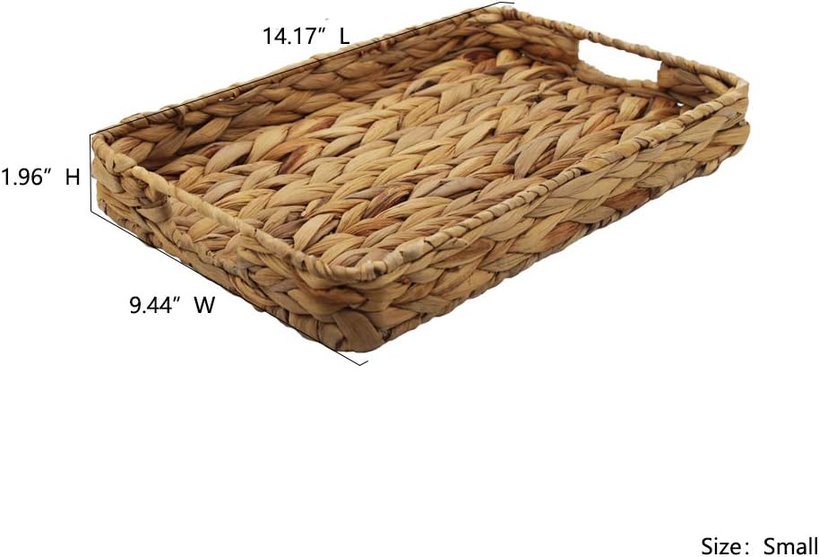 HODAKJUE Water Hyacinth Wicker Serving Tray with Handles, Small Rectangular