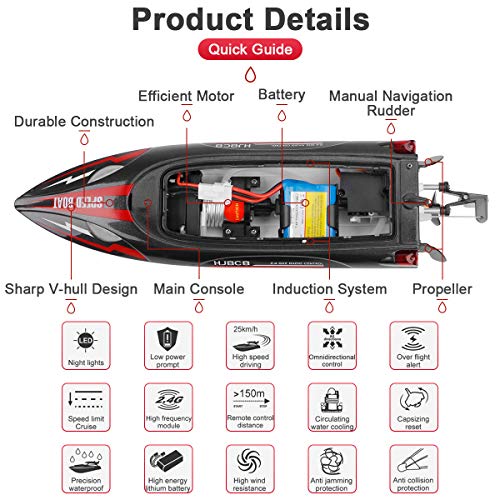 Innovateking HJ808 RC Boat Remote Control Boat RC Racing Boat 2.4Ghz High Speed Boat for Waters and Lakes Adult Children Kids Gift Present Red 2 Batteries Version