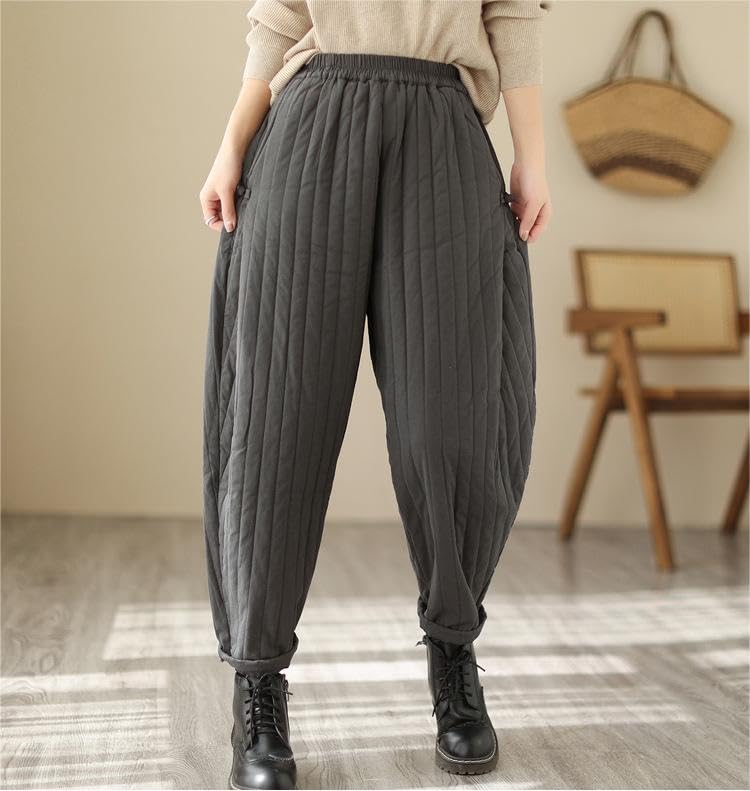 Women Winter Warm Down Cotton Pants Thicker Padded Quilted Pants Relaxed Fit Wide Leg Trousers with Pockets Grey2