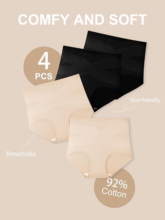 Women's High Waisted Underwear Slightly Tummy Control Cotton Panties Full Coverage Postpartum Briefs 4 Pack